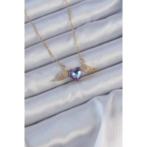 316L Çelik Zincir Altın Renk Mavi Mor Zirkon Taşlı Kanatlı Kalp Kolye