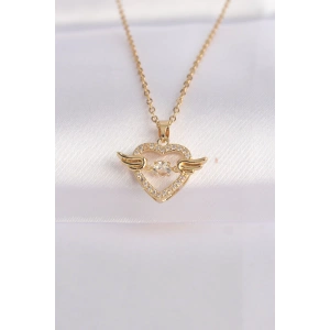 316L Çelik Zincir Altın Renk Zirkon Taşlı Kanatlı Kalp Kolye