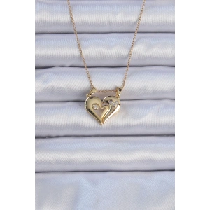 316L Çelik Zincir Altın Renk Zirkon Taşlı Mıknatıslı Kalp Kolye