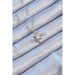 316L Çelik Zincir Gümüş Renk Baget Taşlı İnci Detay Kutup Yıldızı Kolye