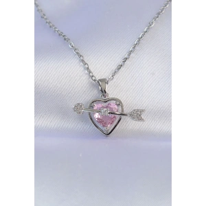 316L Çelik Zincir Gümüş Renk Pembe Zirkon Taşlı Eros Kolye