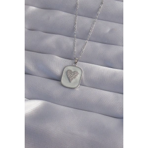 316L Çelik Zincir Mermer Desenli Gümüş Renk Zirkon Taşlı Kalp Model Kolye