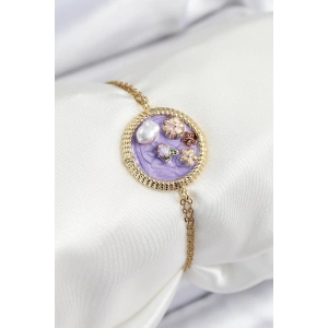 316L Çelik Zincir Mor Mineli Sanatsal Portre İnci Detaylı Çiçek Model Gold Renk Kadın Bileklik