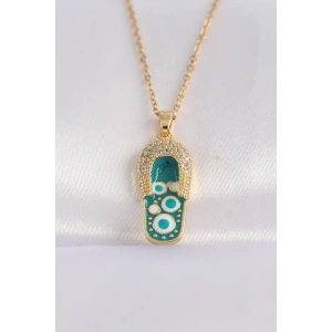 316L Çelik Zincir Zirkon Taşlı Altın Renk Nazarlı Terlik Tasarımlı Kolye