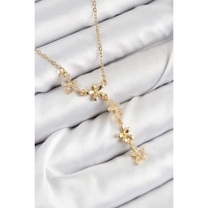 Mey İthalat® 316L Çelik Zirkon Taşlı Çiçek Model Gold Renk Kadın Kolye