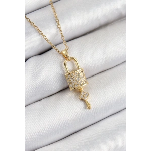 316L Çelik Zirkon Taşlı Kilit Ve Sallantılı Anahtar Model Gold Renk Kadın Kolye