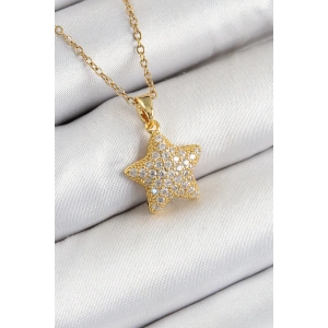 316L Çelik Zirkon Taşlı Yıldız Model Gold Renk Kadın Kolye
