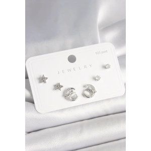 925 Ayar Gümüş Çivi Zirkon Taşlı Hilal Yıldız Model Kadın Küpe Seti