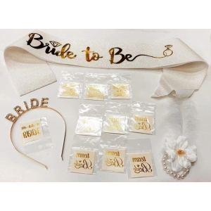 Altın Renk Bride Partisi Taç Kuşak Dövme Bileklik Seti Full 13 Parça