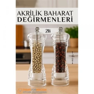 Baharat Öğütücü - Baharat Karabiber Tuz Değirmeni Ahşap Akrilik Kristal 2 li SET