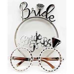 BrideYazılıTaçveBrideToBeYazılıGözlükSetiGümüşRenk