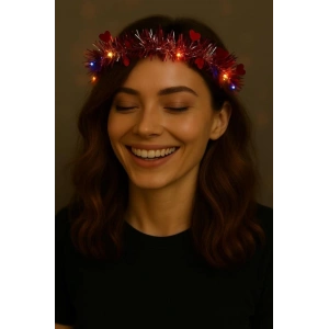 Kalp Püsküllü Gece Parıltısı 3 Modlu LED&#39;li Işıklı Taç Kırmızı Renk