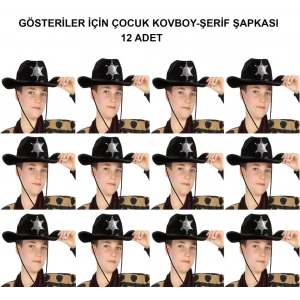 Kovboy Şerif Şapkası Siyah 12 Adet - Kostüm, Parti ve Gösteri Şapkası