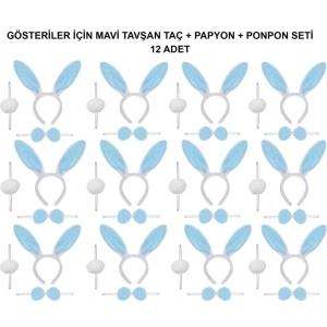 Mavi Tavşan Kostüm Seti – Taç, Papyon, Ponpon (12’li Paket)