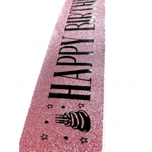 Pembe Üzeri Siyah Büyük Happy Birthday Yazılı Simli Işıltılı Kuşak Kemer 10 cm Genişlik
