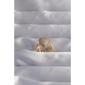 Pirinç Ayarlamalı Gold Renk Zirkon Taşlı Bombeli Kalp Yüzük