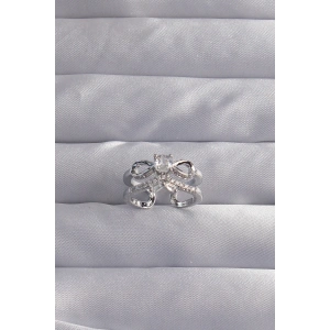 Pirinç Ayarlamalı Gümüş Renk Zirkon Taşlı 2li Görünüm Fiyonk Yüzük