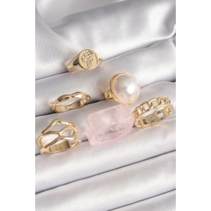 Pirinç Gold Renk Daire 3D İncili Figür Zincir Model Gül İşleme Detaylı 6Lı Kadın Yüzük Seti