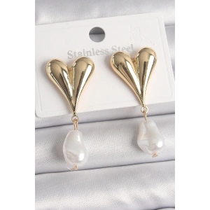 Pirinç Gold Renk Kalp Model Sallantı İnci Damla Model Kadın Küpe