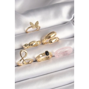 Pirinç Gold Renk Kelebek Figür Sarmal Model 6Lı Kadın Yüzük Seti