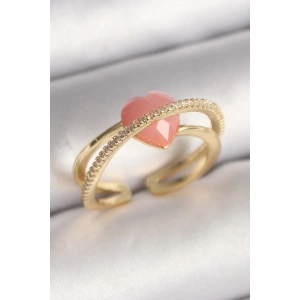 Pirinç Gold Renk Pembe Kristal Kalp Model Zirkon Taş Detaylı Kadın Yüzük