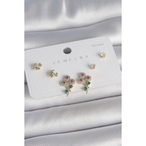 Pirinç Gold Renk Renkli Zirkon Taşlı Çiçek Model Yaprak Detay 925 Ayar Gümüş Çivi Kadın Küpe Seti