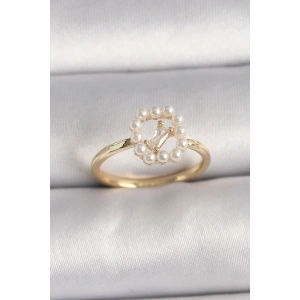 Pirinç Gold Renk Zirkon Taş Detaylı İncili Ayarlanabilir Yüzük