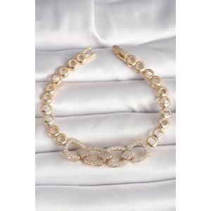 Pirinç Gold Renk Zirkon Taşlı Daire Zincir Model Kadın Bileklik