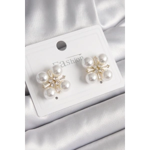 Pirinç Gold Renk Zirkon Taşlı İncili Kadın Küpe