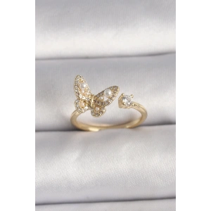 Pirinç Gold Renk Zirkon Taşlı Kelebek Model İnci Detay Ayarlanabilir Yüzük