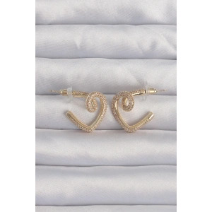 Pirinç Gold Renk Zirkon Taşlı Kıvrımlı Yarım Kalp Küpe