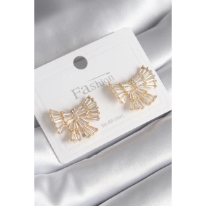 Pirinç Gold Renk Zirkon Taşlı Kurdele Model Kadın Küpe
