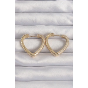 Pirinç Gold Renk Zirkon Taşlı Motifli Kalp Küpe
