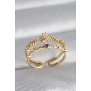 Pirinç Gold Renk Zirkon Taşlı Taç Model Kadın Yüzük
