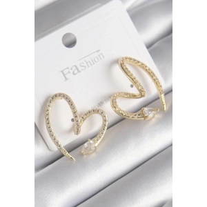 Pirinç Gold Renk Zirkon Taşlı Yılan Kalp Model Kadın Küpe