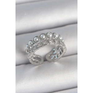 Pirinç Gümüş Renk 2Li Sıra Zirkon Taşlı Ve İncili Ayarlanabilir Kadın Yüzük