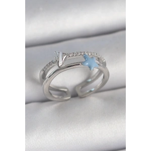 Pirinç Gümüş Renk 2Li Zirkon Taşlı Mavi Yıldız Figür Ayarlanabilir Kadın Yüzük