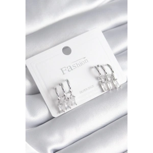 Pirinç Gümüş Renk 3lü Sallantı Zirkon Taşlı Küpe