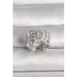 Pirinç Gümüş Renk Ayarlanabilir Baget Zirkon Taş Model Kadın Yüzük