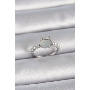 Pirinç Gümüş Renk Ayarlanabilir Beyaz Mineli Kedi Model İnci Detay Kadın Yüzük