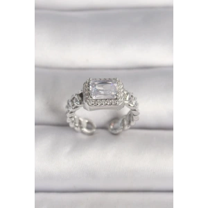 Pirinç Gümüş Renk Ayarlanabilir Zincir Kare Zirkon Taşlı Kadın Yüzük