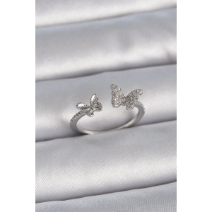 Pirinç Gümüş Renk Ayarlanabilir Zirkon Taşlı Kelebek Model Kadın Yüzük