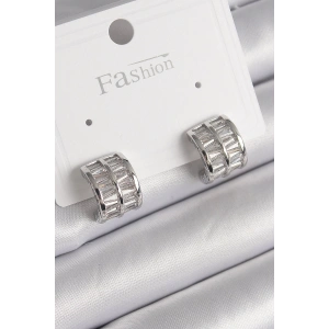 Pirinç Gümüş Renk Çift Sıra Zirkon Taşlı Kadın Küpe