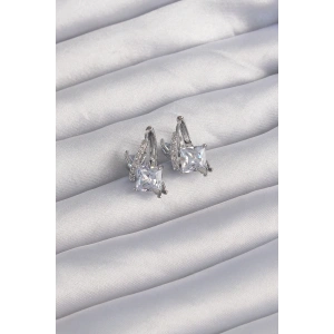 Pirinç Gümüş Renk İri Zirkon Taşlı Kıvrımlı Minimal Kelebekli Halka Küpe