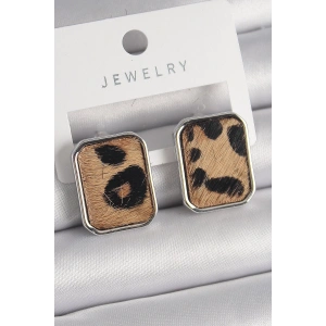 Pirinç Gümüş Renk Leopar Desenli Kare Model Kadın Küpe