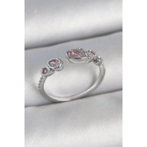 Pirinç Gümüş Renk Pembe Damla Zirkon Taşlı Ayarlanabilir Model Kadın Yüzük