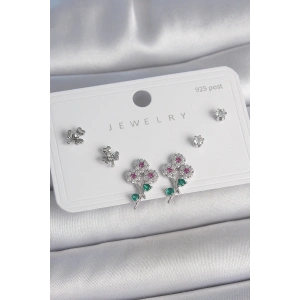 Pirinç Gümüş Renk Renkli Zirkon Taşlı Çiçek Model Yaprak Detay 925 Ayar Gümüş Çivi Kadın Küpe Seti