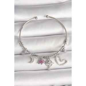 Pirinç Gümüş Renk Sallantı Zirkon Taşlı Gezegen Figür Kalp Detay Charm Kadın Bileklik