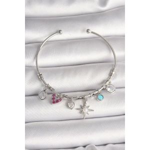 Pirinç Gümüş Renk Sallantı Zirkon Taşlı Kutup Yıldız Figür Kalp Detay Charm Kadın Bileklik