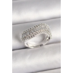 Pirinç Gümüş Renk Su Yolu Zirkon Dalga Model Ayarlanabilir Kadın Yüzük